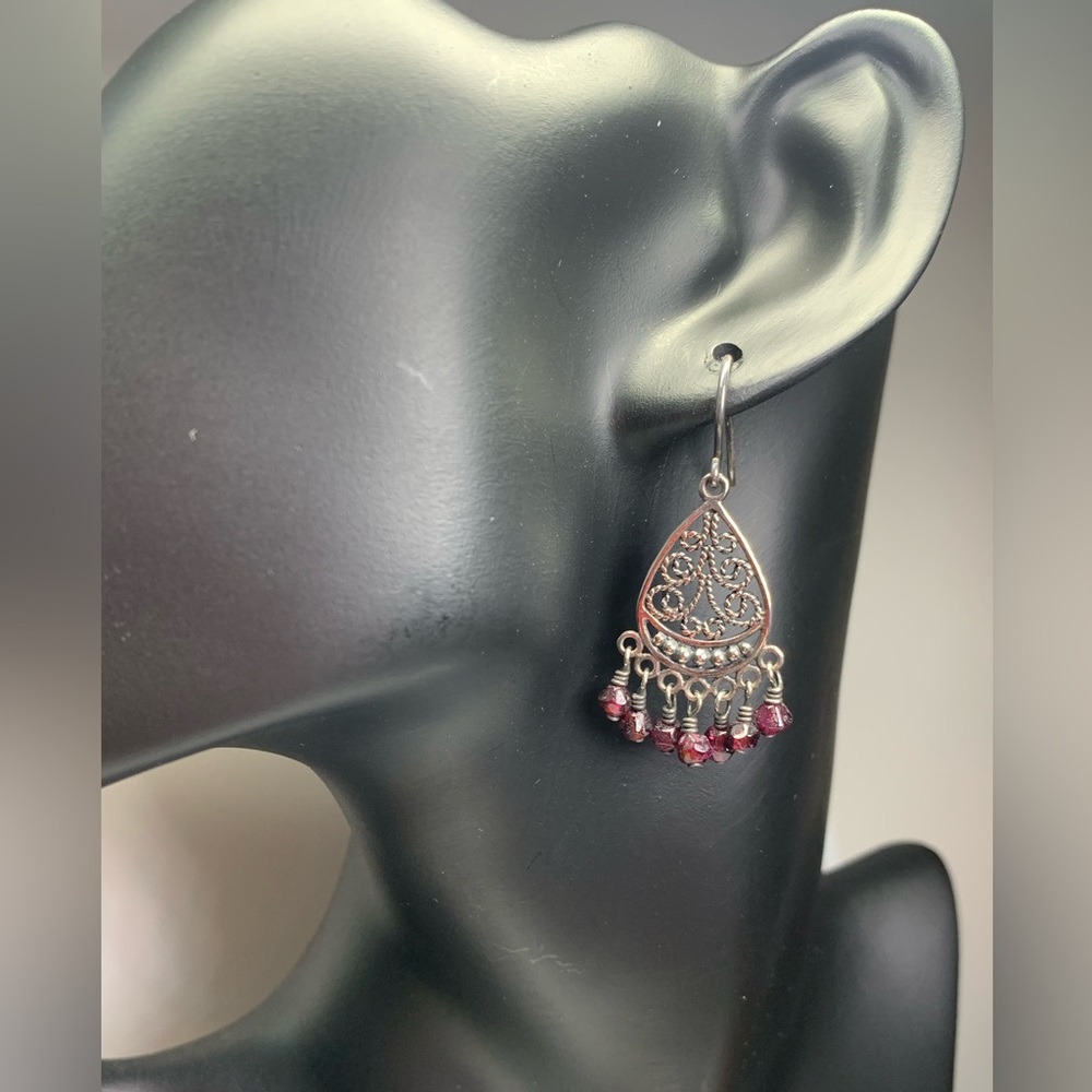 Silpada RARE VHTF Sterling Silver Filigree Garnet Chandelier Wire  Earrings